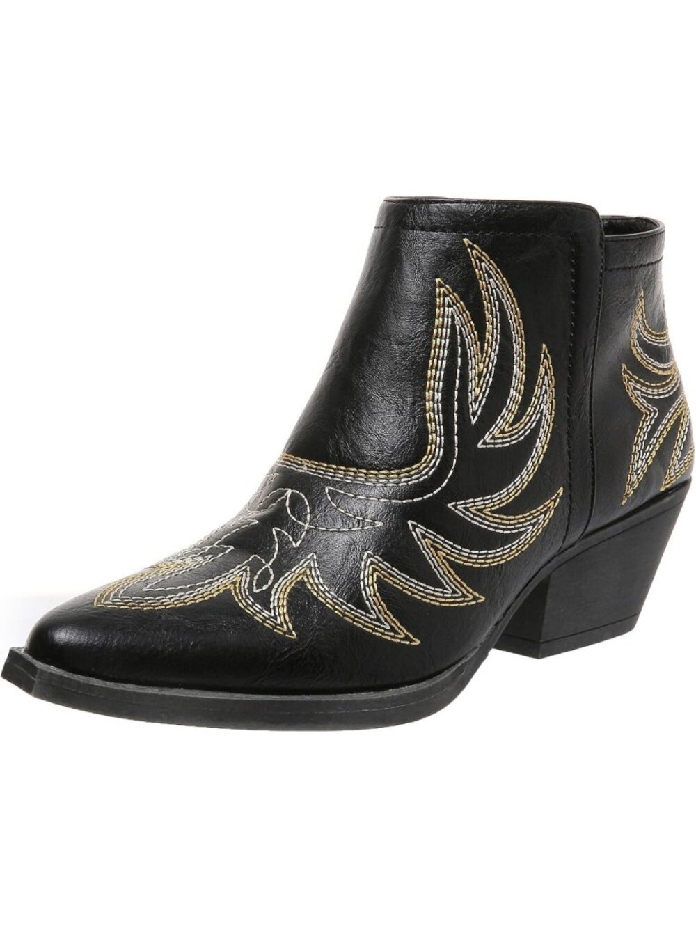 Women's Black Polyurethane Cowgirl Western Pointed Toe Embroidered Chunky Heels
